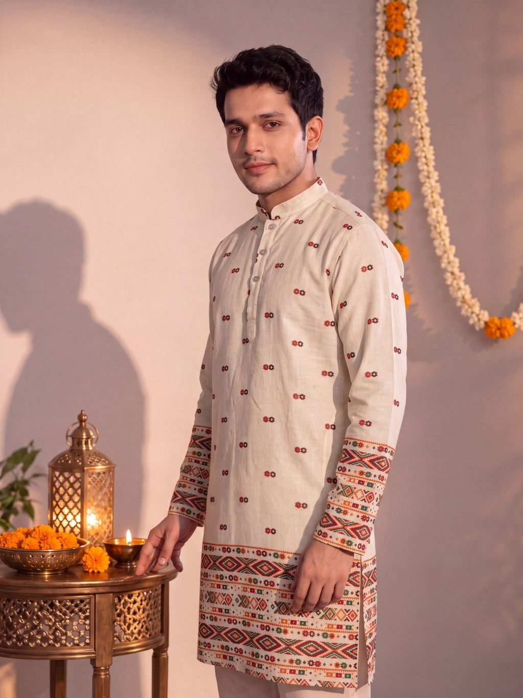 Beige Daman Work – Textured Printed Long Kurta - Jaipuri Crown