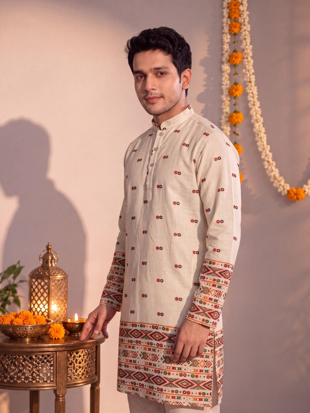 Beige Daman Work – Textured Printed Long Kurta - Jaipuri Crown