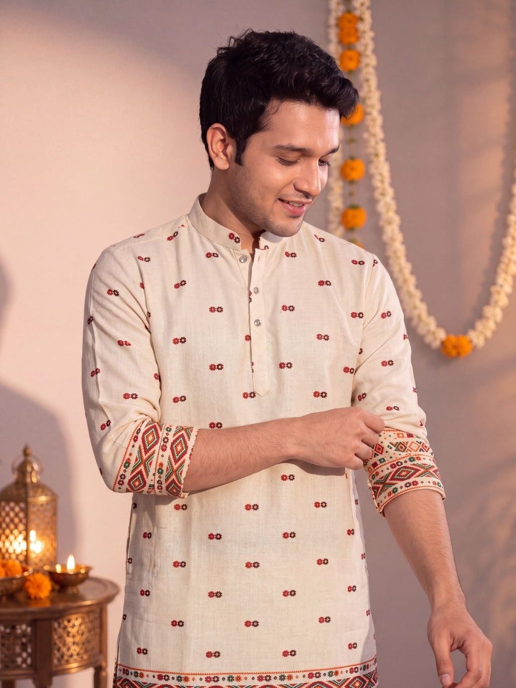 Beige Daman Work – Textured Printed Long Kurta - Jaipuri Crown