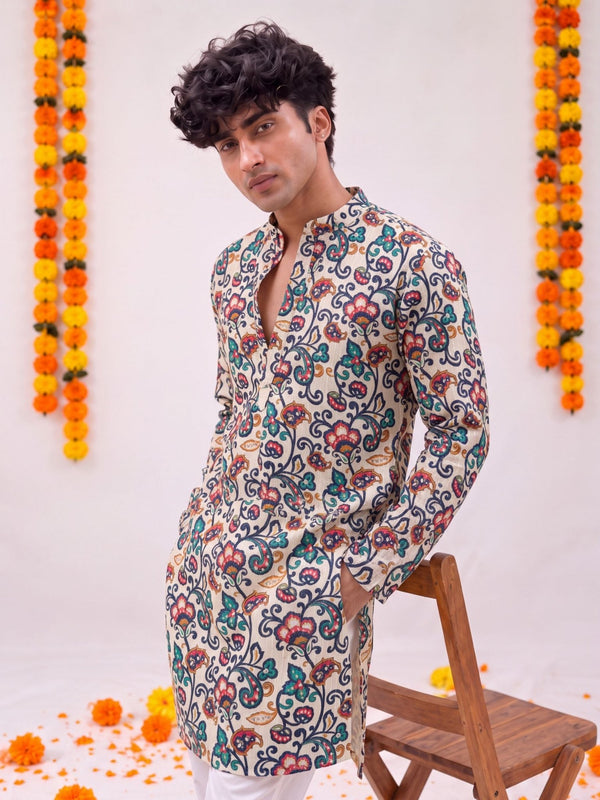 Beige Floral Jaal – Cotton Plan Long Kurta - Jaipuri Crown