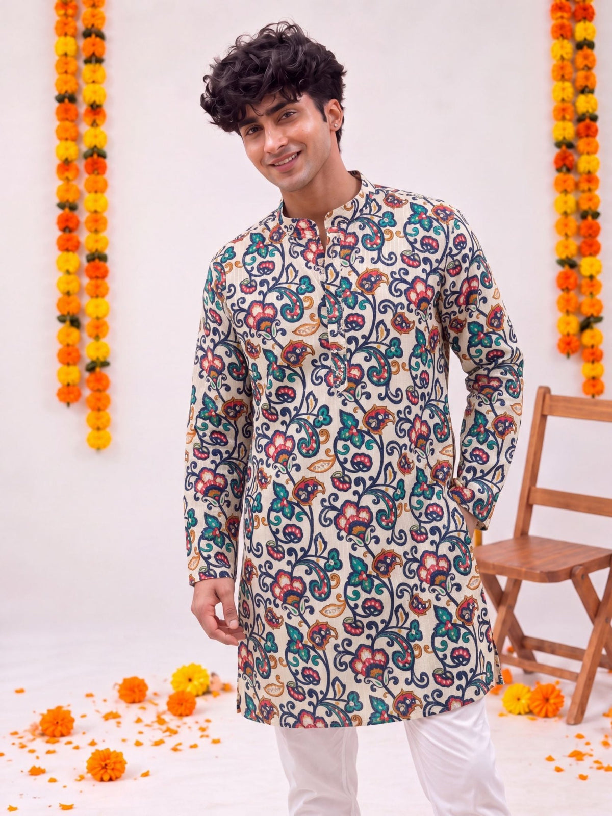 Beige Floral Jaal – Cotton Plan Long Kurta - Jaipuri Crown