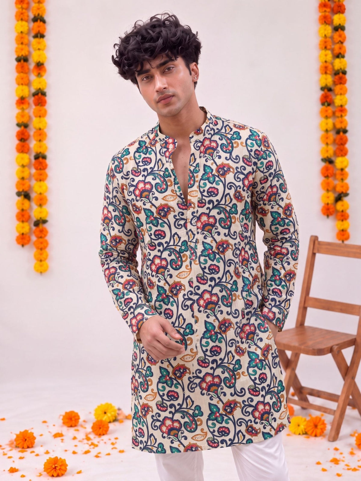Beige Floral Jaal – Cotton Plan Long Kurta - Jaipuri Crown