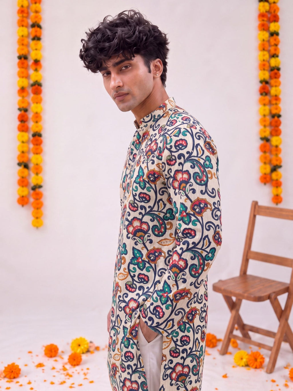 Beige Floral Jaal – Cotton Plan Long Kurta - Jaipuri Crown