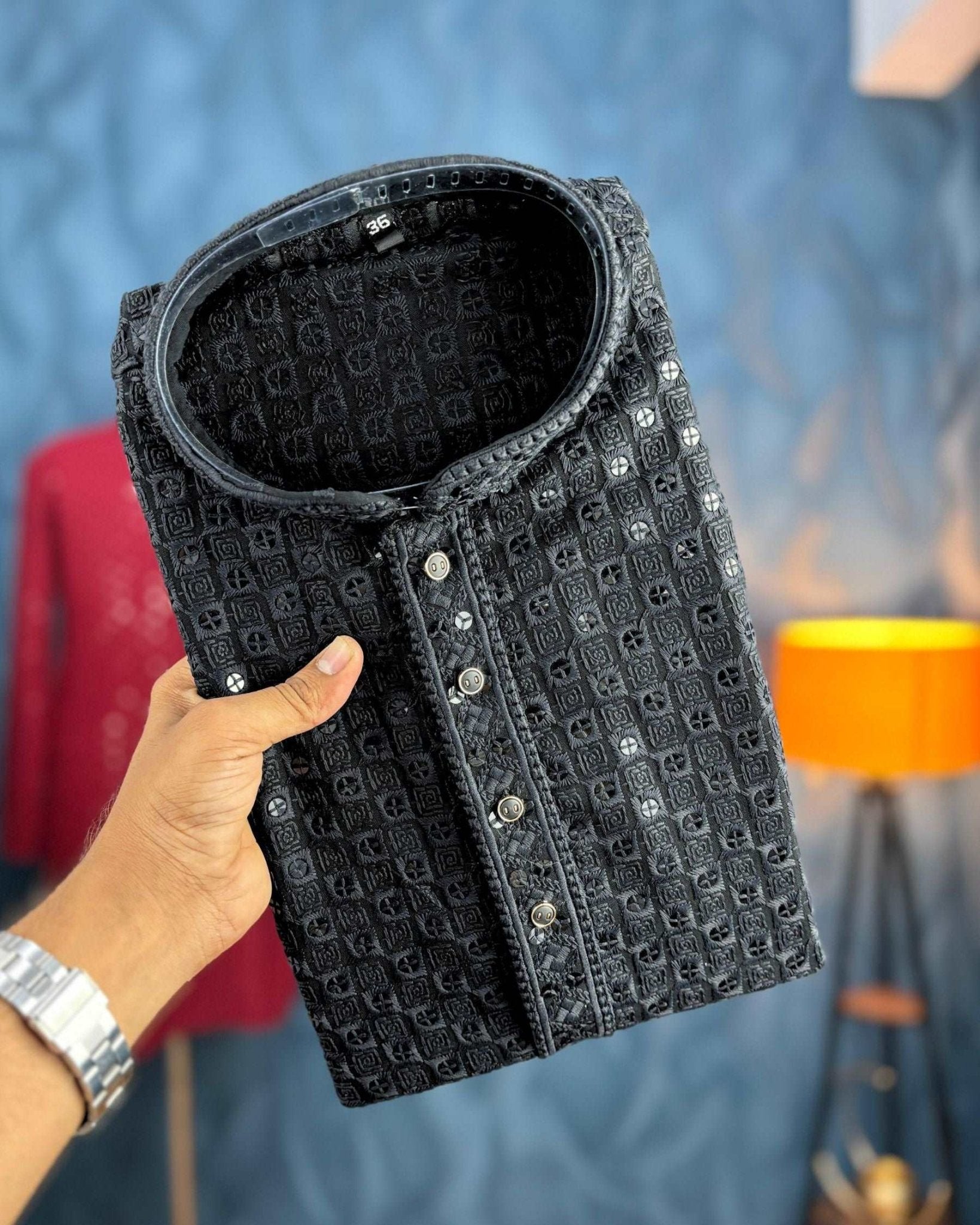 Black Chikankari Sequinned Kurta - Jaipuri Crown