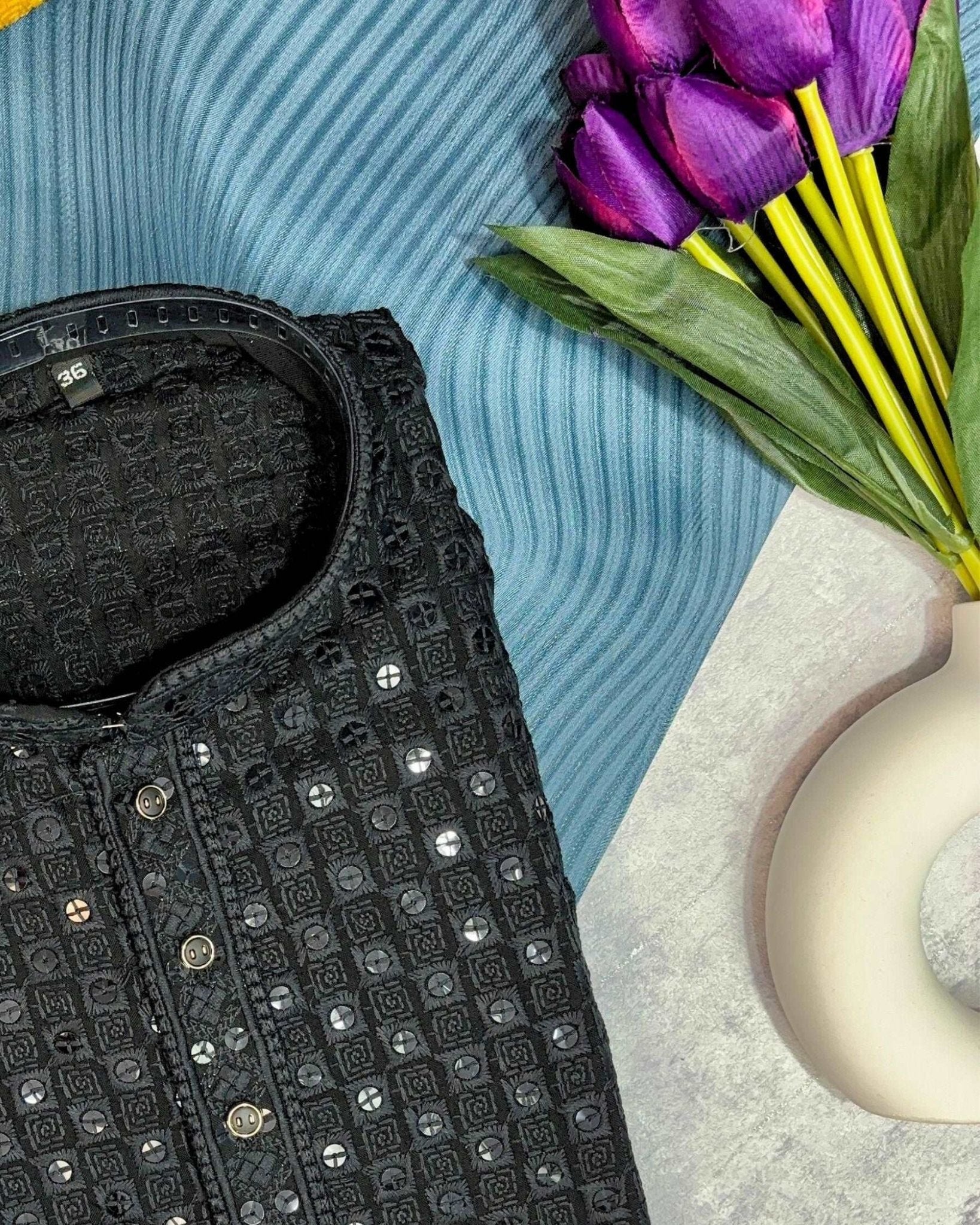Black Chikankari Sequinned Kurta - Jaipuri Crown