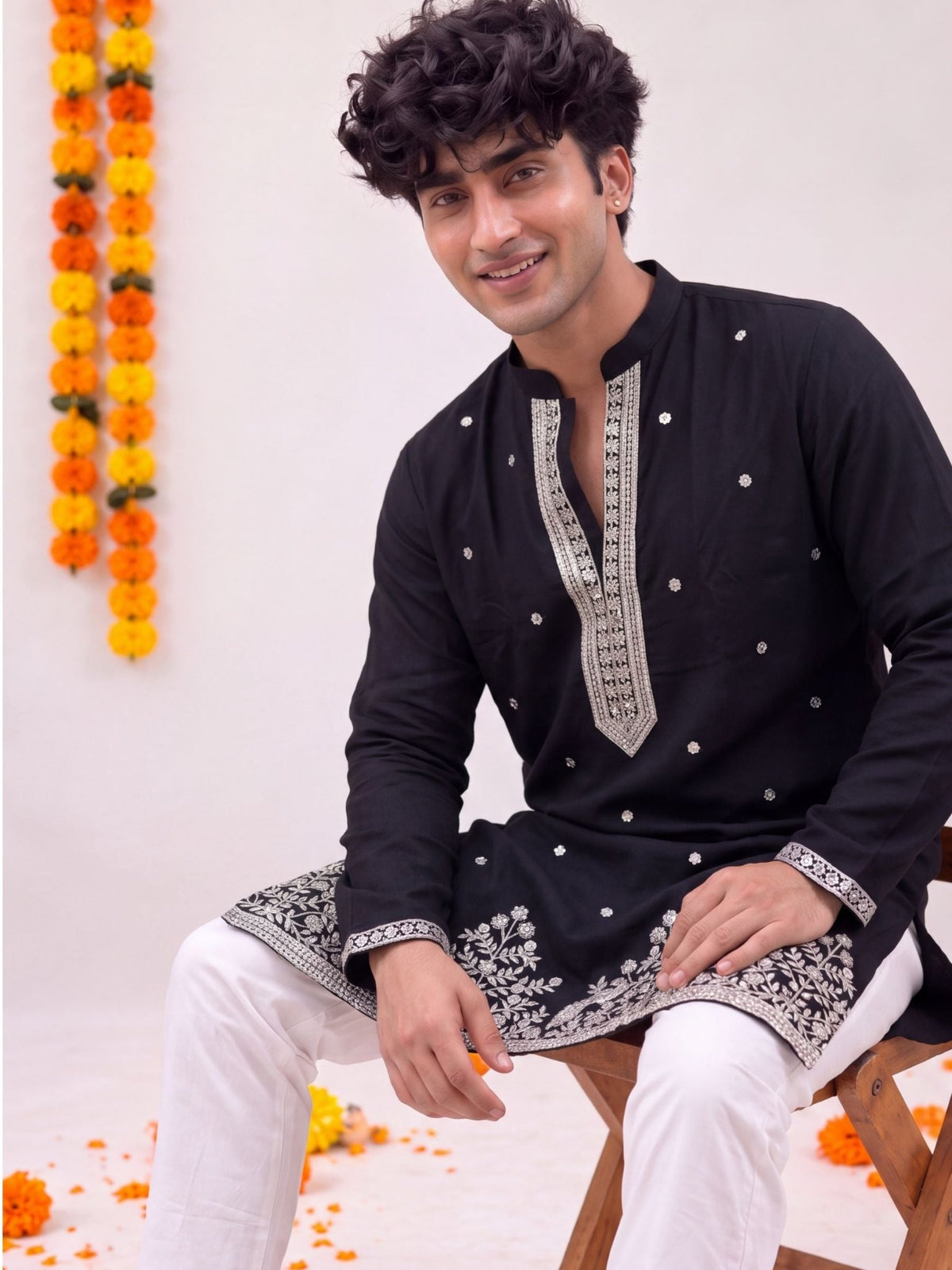 Black Floral Embroidery – Textured Designer Long Kurta - Jaipuri Crown