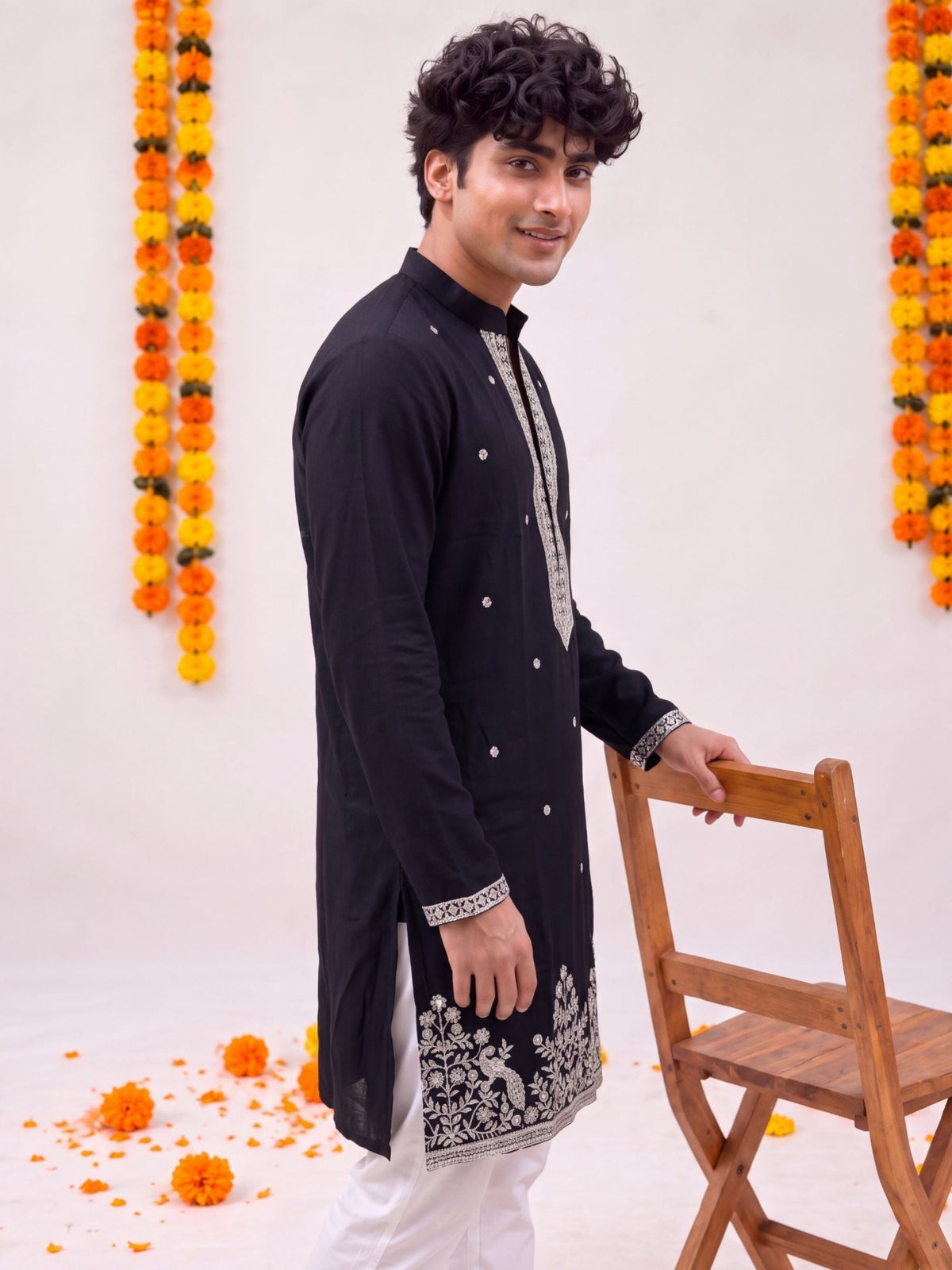 Black Floral Embroidery – Textured Designer Long Kurta - Jaipuri Crown