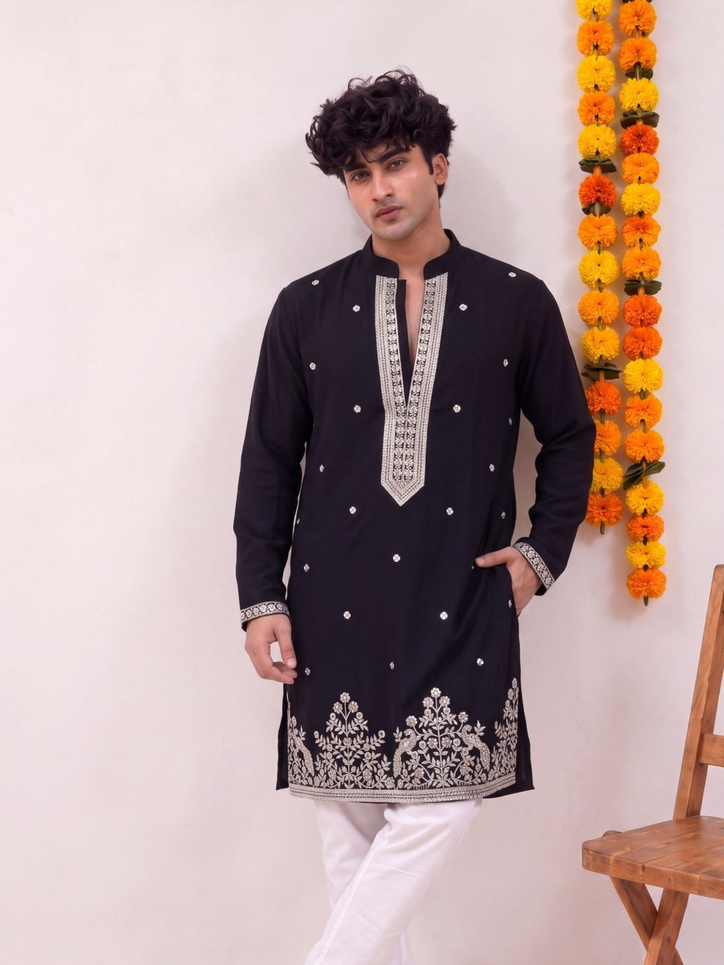 Black Floral Embroidery – Textured Designer Long Kurta - Jaipuri Crown