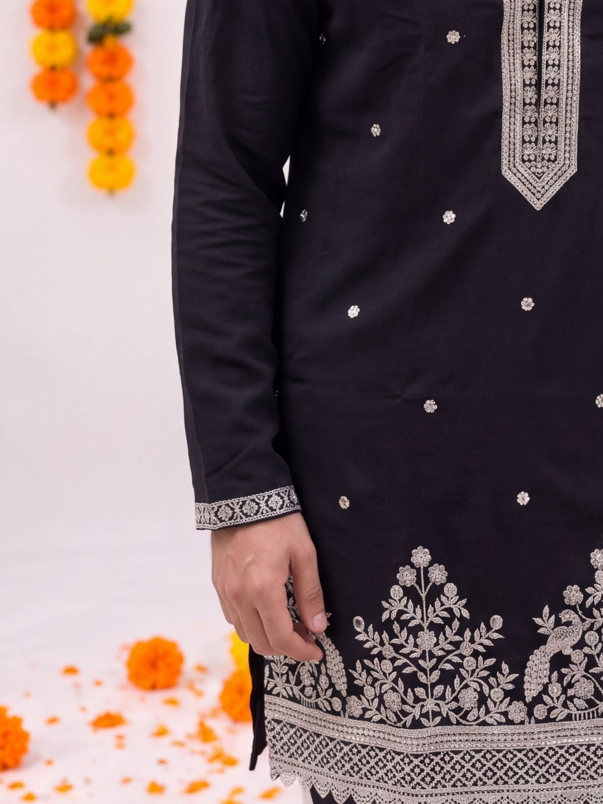Black Floral Embroidery – Textured Designer Long Kurta - Jaipuri Crown