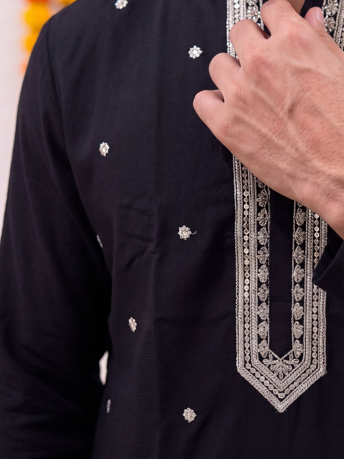 Black Floral Embroidery – Textured Designer Long Kurta - Jaipuri Crown
