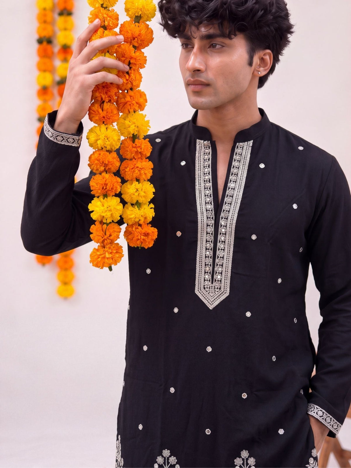 Black Floral Embroidery – Textured Designer Long Kurta - Jaipuri Crown