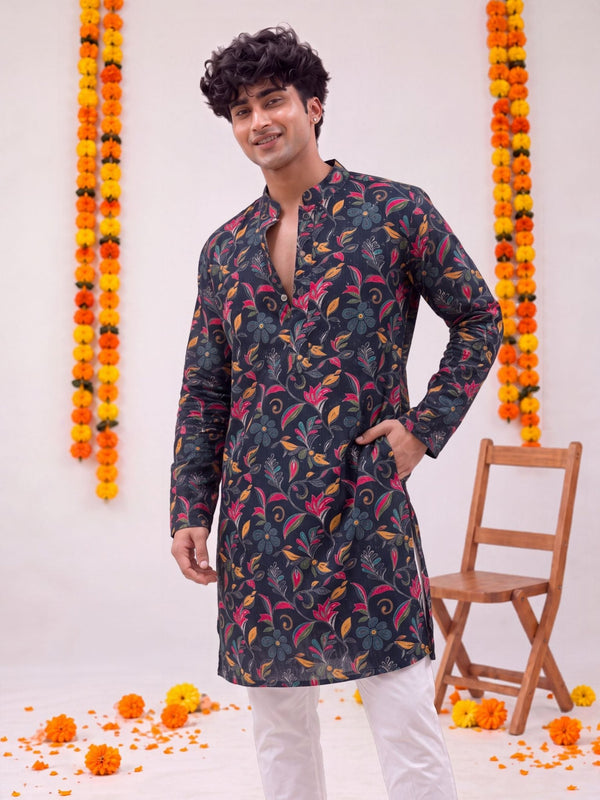 Black Floral Jaal – Printed Long Kurta - Jaipuri Crown