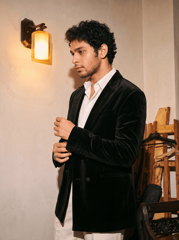 Black Velvet Double Breasted Blazer for Men - Jaipuri Crown