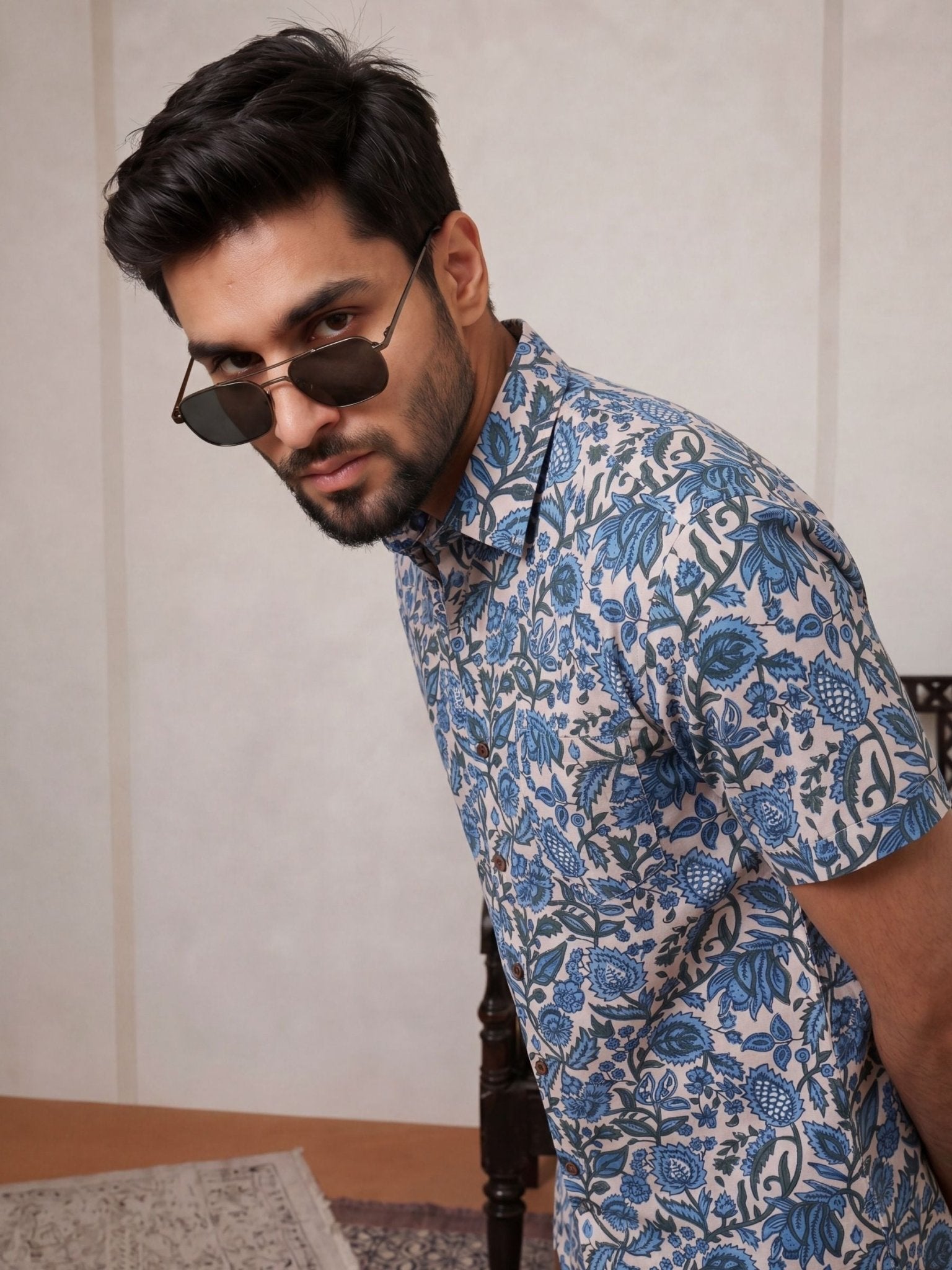 Blue Blossom – Printed Cotton Half Sleeve Shirt - Jaipuri Crown