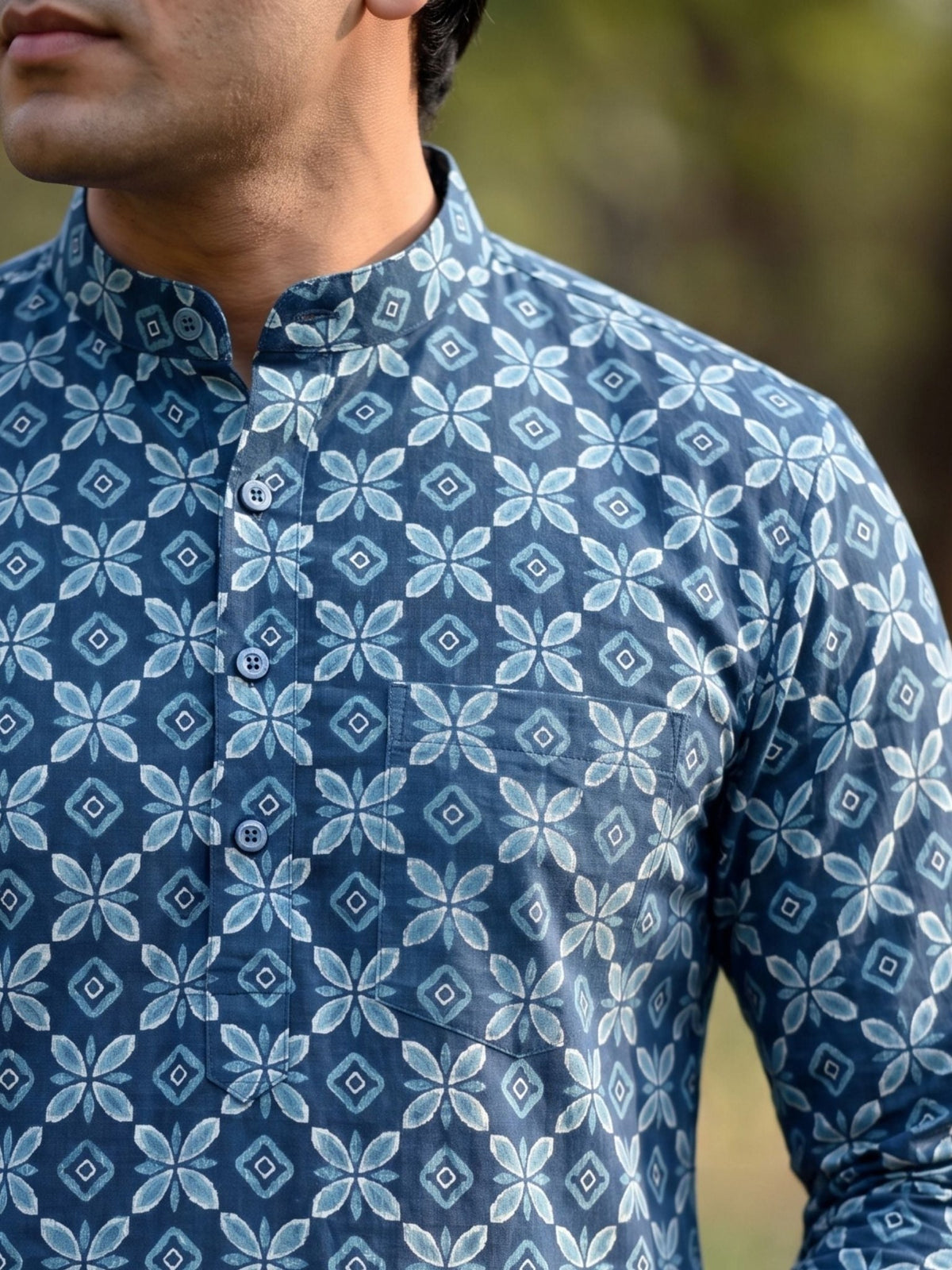 Blue Blossom – Printed Cotton Short Kurta - Jaipuri Crown