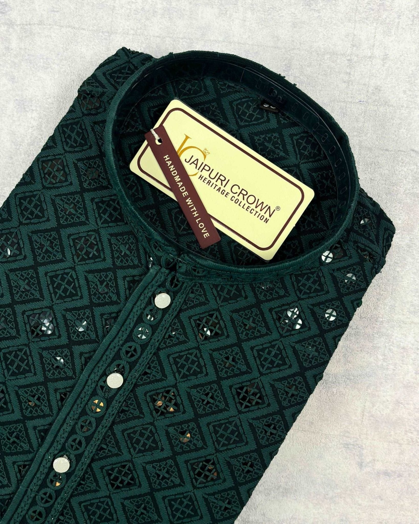 Bottle Green Square Lucknowi Kurta - Jaipuri Crown