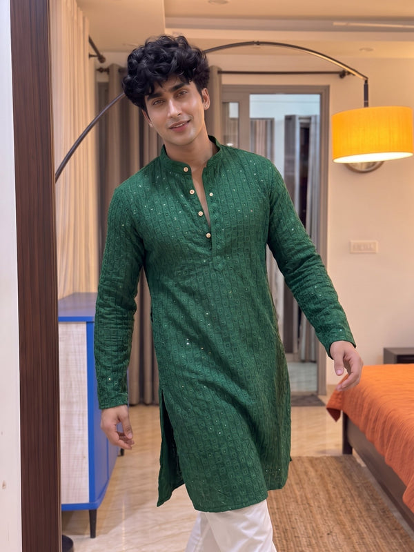 Bottle Green Square Lucknowi Kurta - Jaipuri Crown
