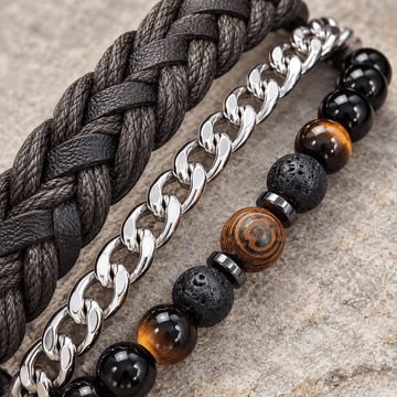 Braided Silver & Beaded Men's Jewellery Bracelet Trio - Jaipuri Crown