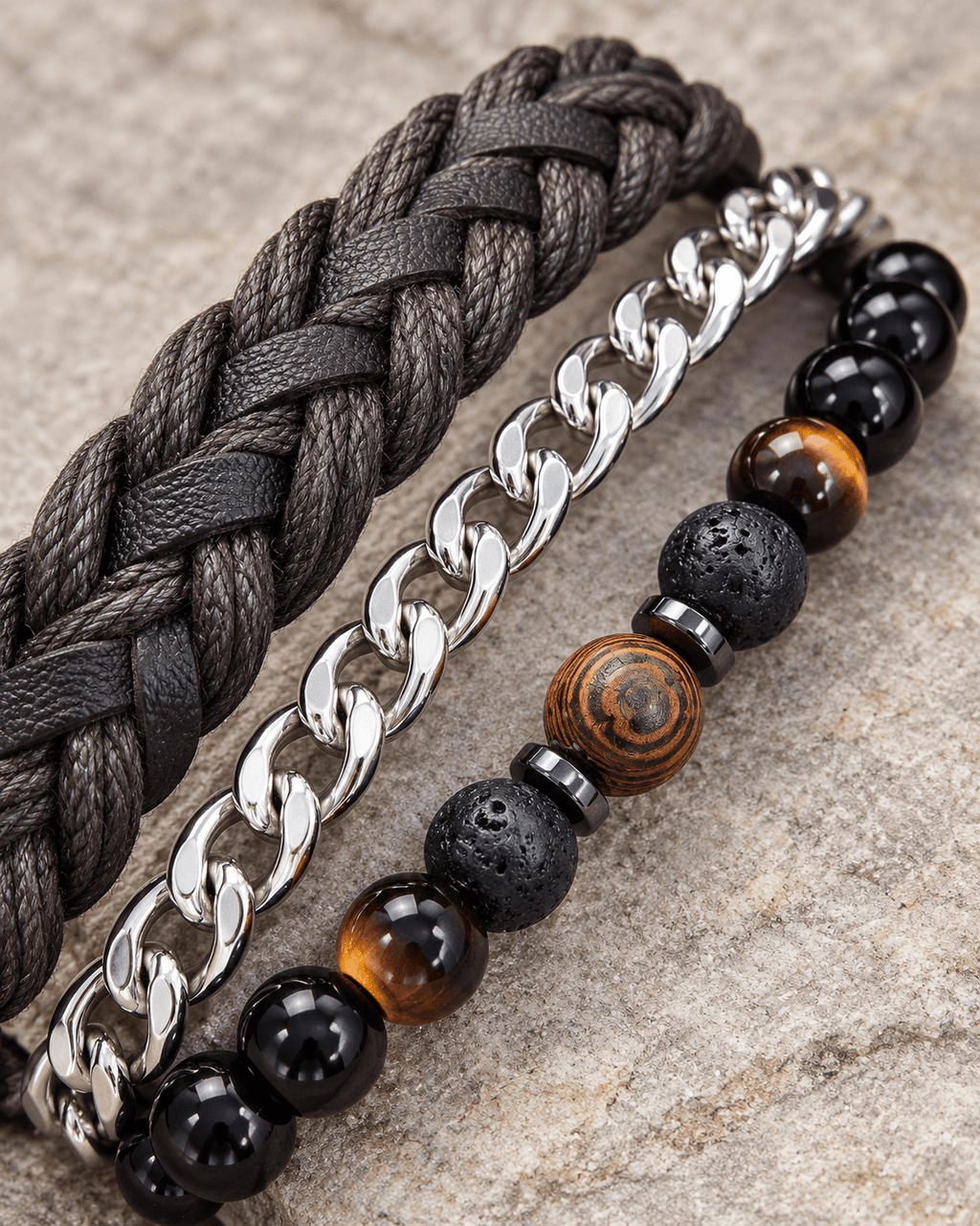 Braided Silver & Beaded Men's Jewellery Bracelet Trio - Jaipuri Crown