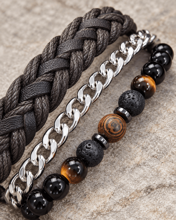 Braided Silver & Beaded Men's Jewellery Bracelet Trio - Jaipuri Crown