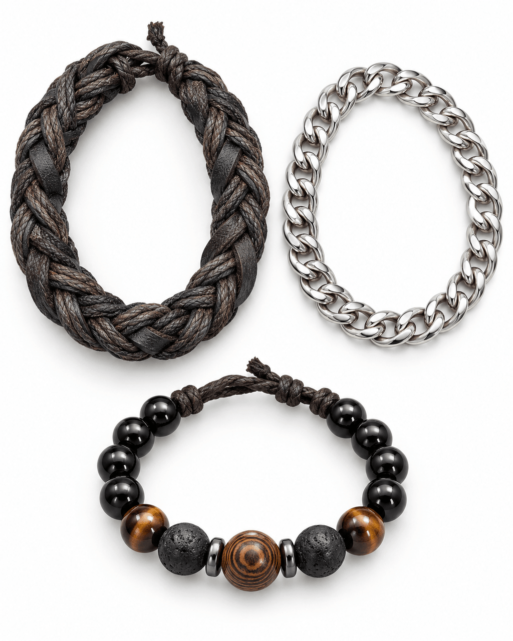 Braided Silver & Beaded Men's Jewellery Bracelet Trio - Jaipuri Crown