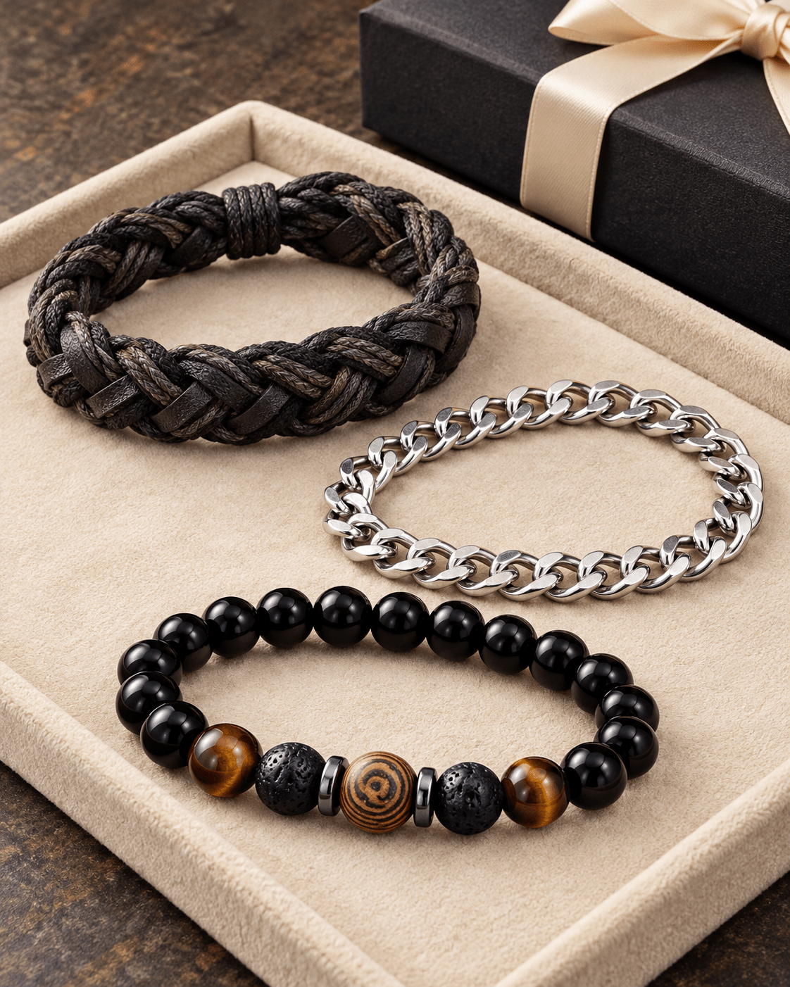 Braided Silver & Beaded Men's Jewellery Bracelet Trio - Jaipuri Crown