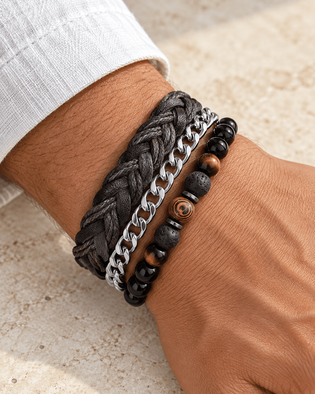 Braided Silver & Beaded Men's Jewellery Bracelet Trio - Jaipuri Crown