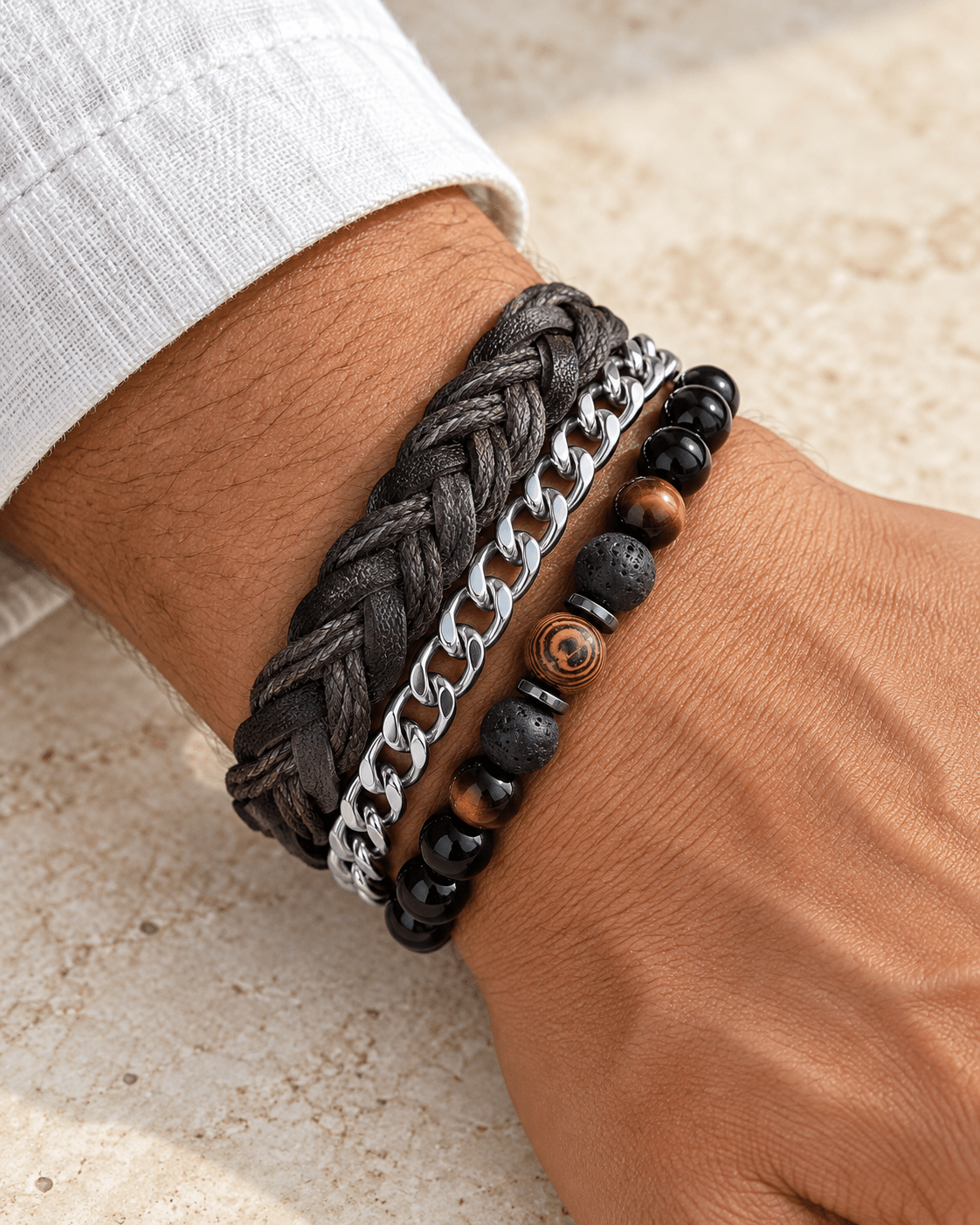 Braided Silver & Beaded Men's Jewellery Bracelet Trio - Jaipuri Crown