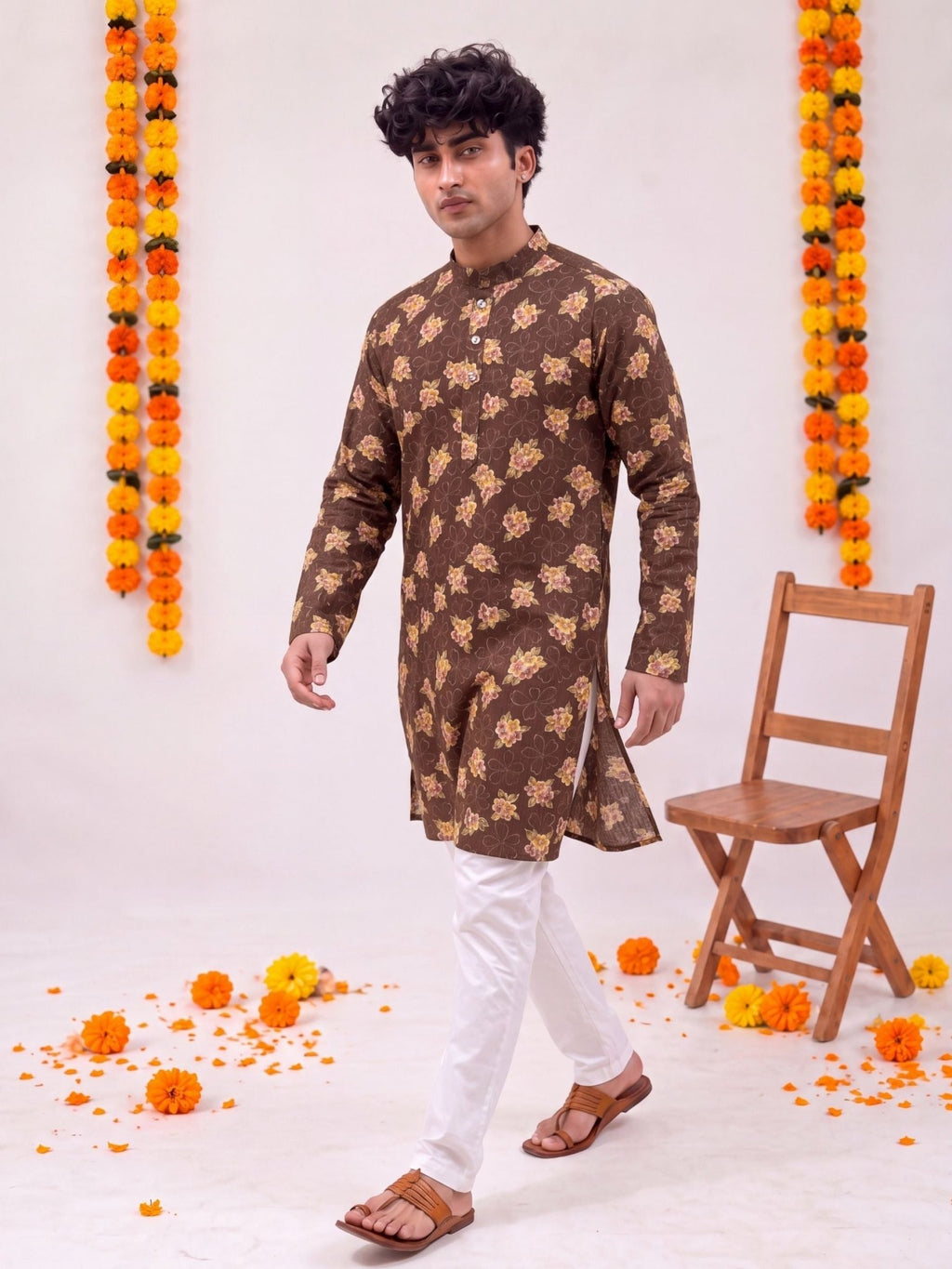 Brown Floral – Textured Printed Long Kurta - Jaipuri Crown