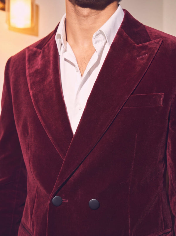 Burgundy Velvet Double Breasted Blazer for Men - Jaipuri Crown