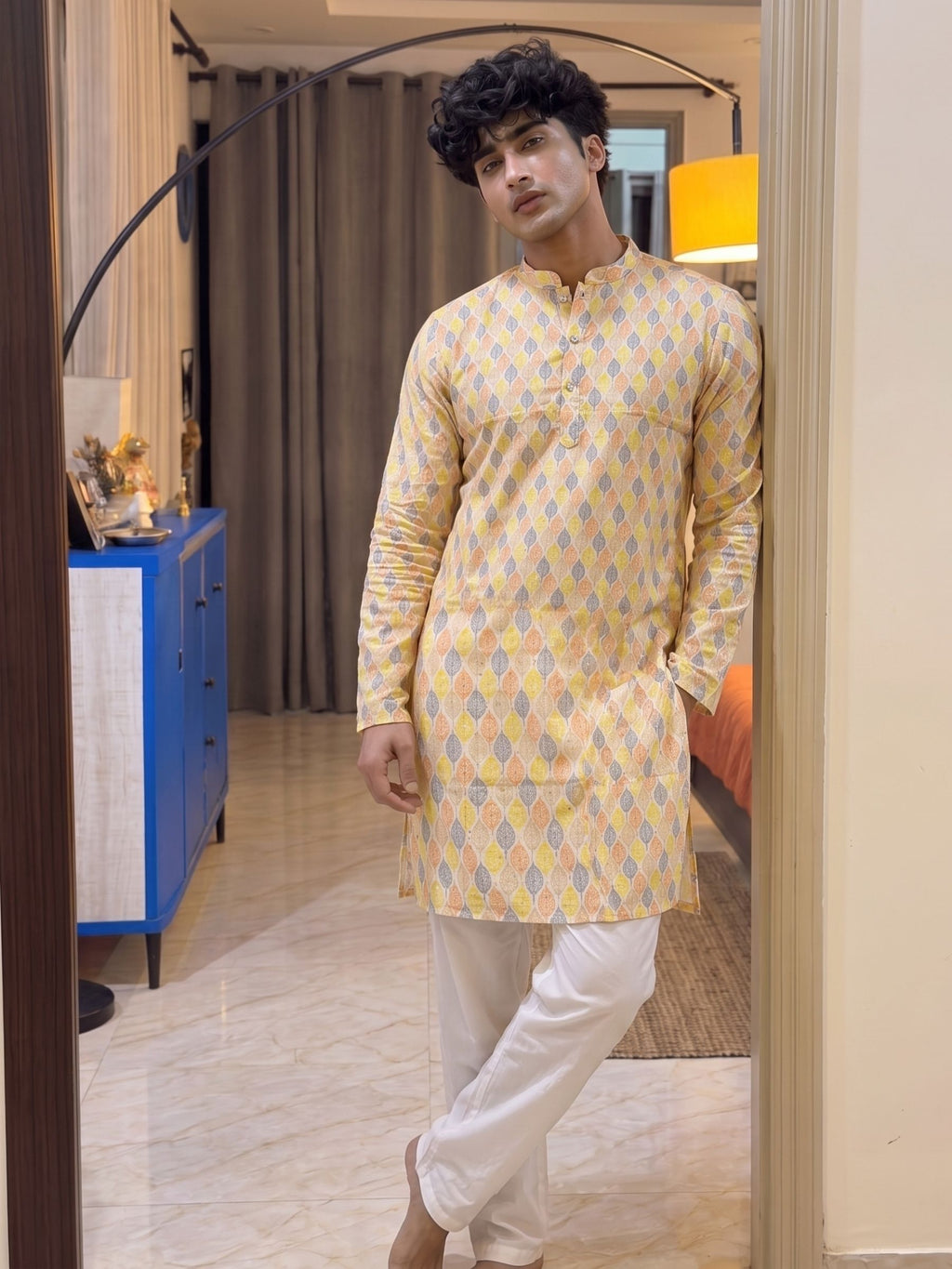 Stylish Printed Long Kurta in Soft Yellow