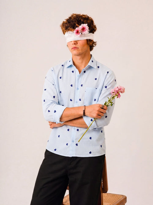 "Chaahat" — Sky Blue Heart Embroidered Cotton Shirt | Jaipuri Crown - Jaipuri Crown