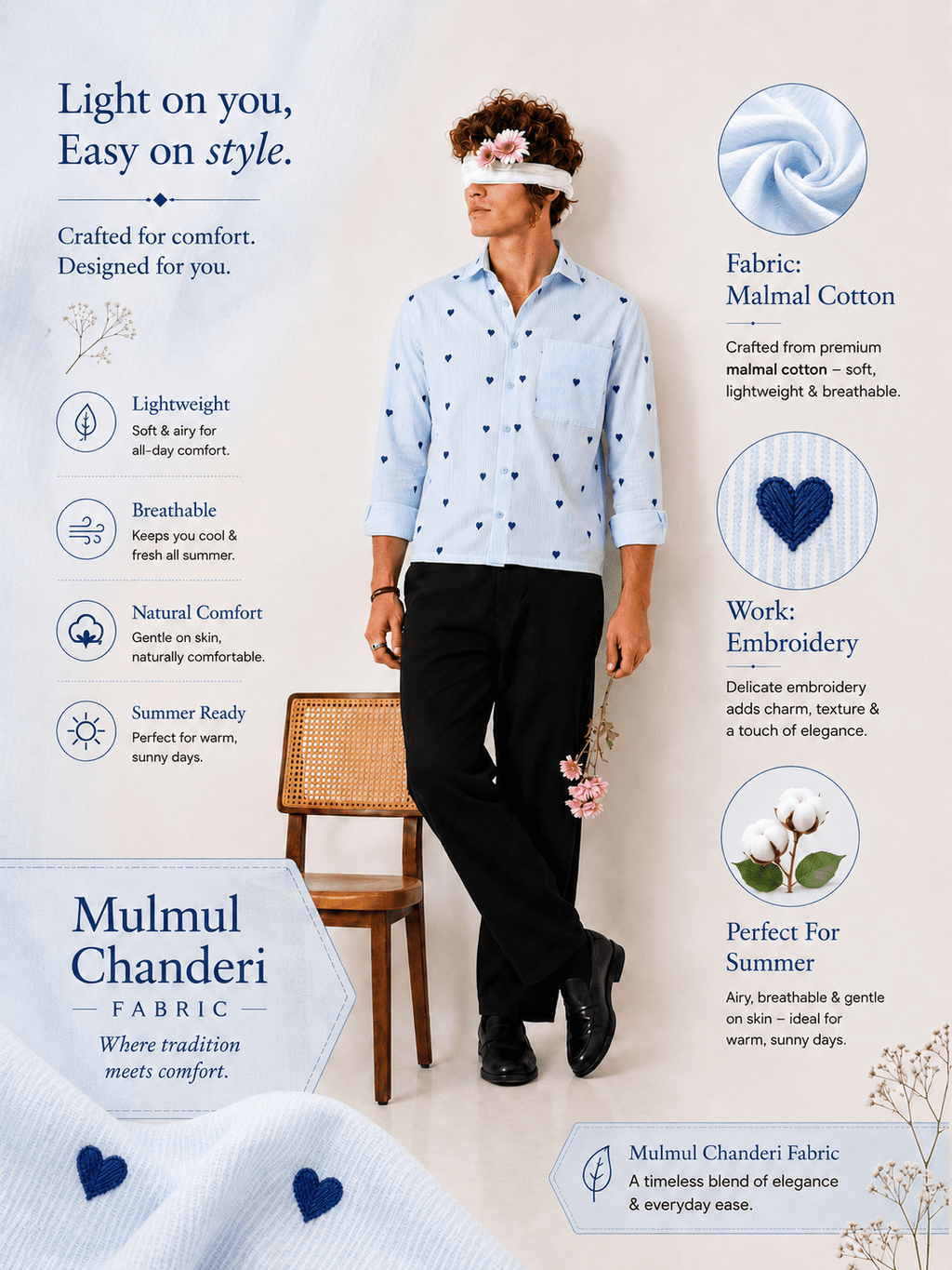 "Chaahat" — Sky Blue Heart Embroidered Cotton Shirt | Jaipuri Crown - Jaipuri Crown