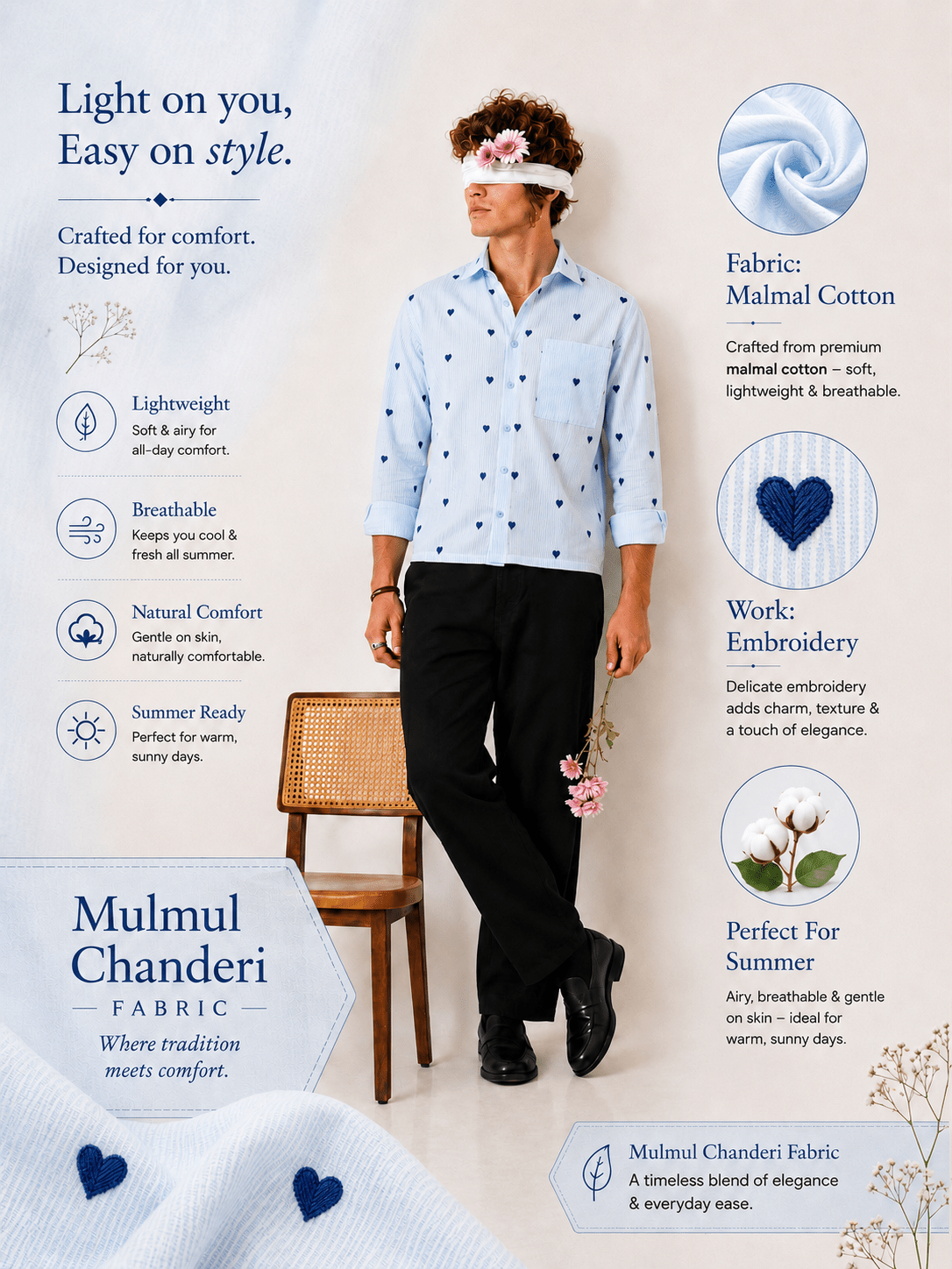 "Chaahat" — Sky Blue Heart Embroidered Cotton Shirt | Jaipuri Crown - Jaipuri Crown