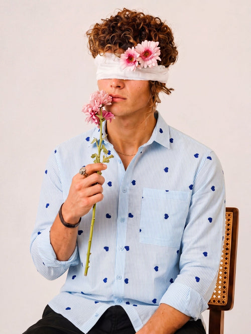 "Chaahat" — Sky Blue Heart Embroidered Cotton Shirt | Jaipuri Crown - Jaipuri Crown