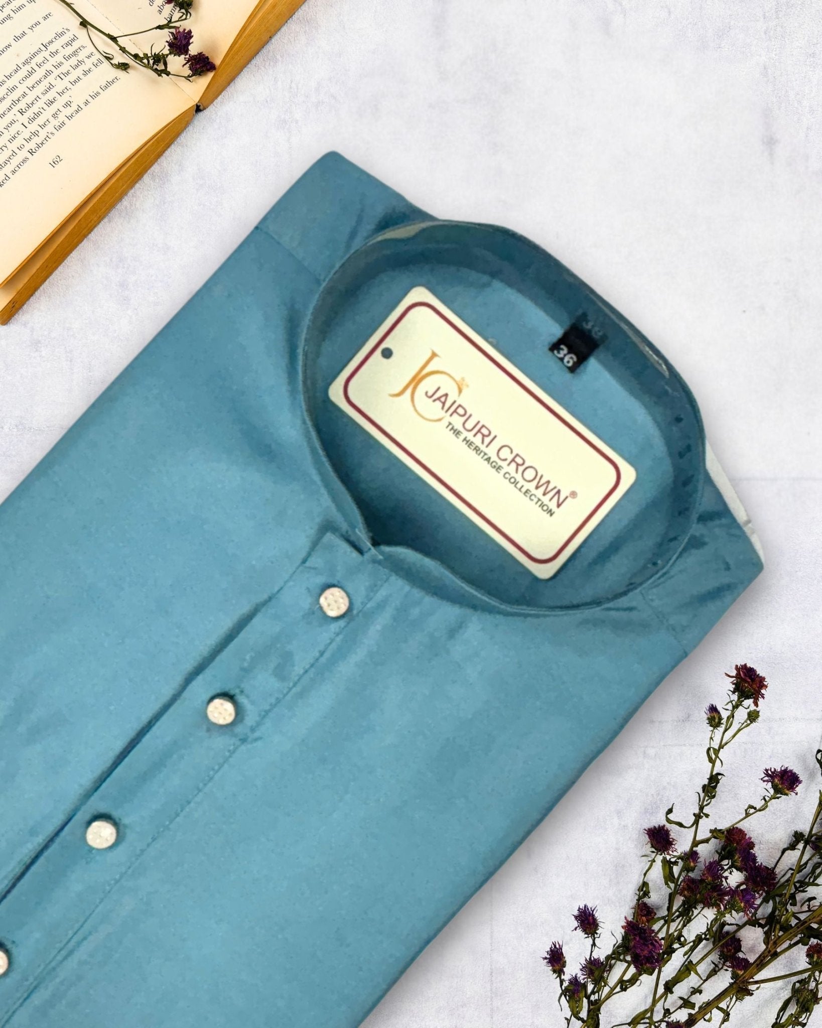 Classic Aqua Blue Plain Kurta - Jaipuri Crown