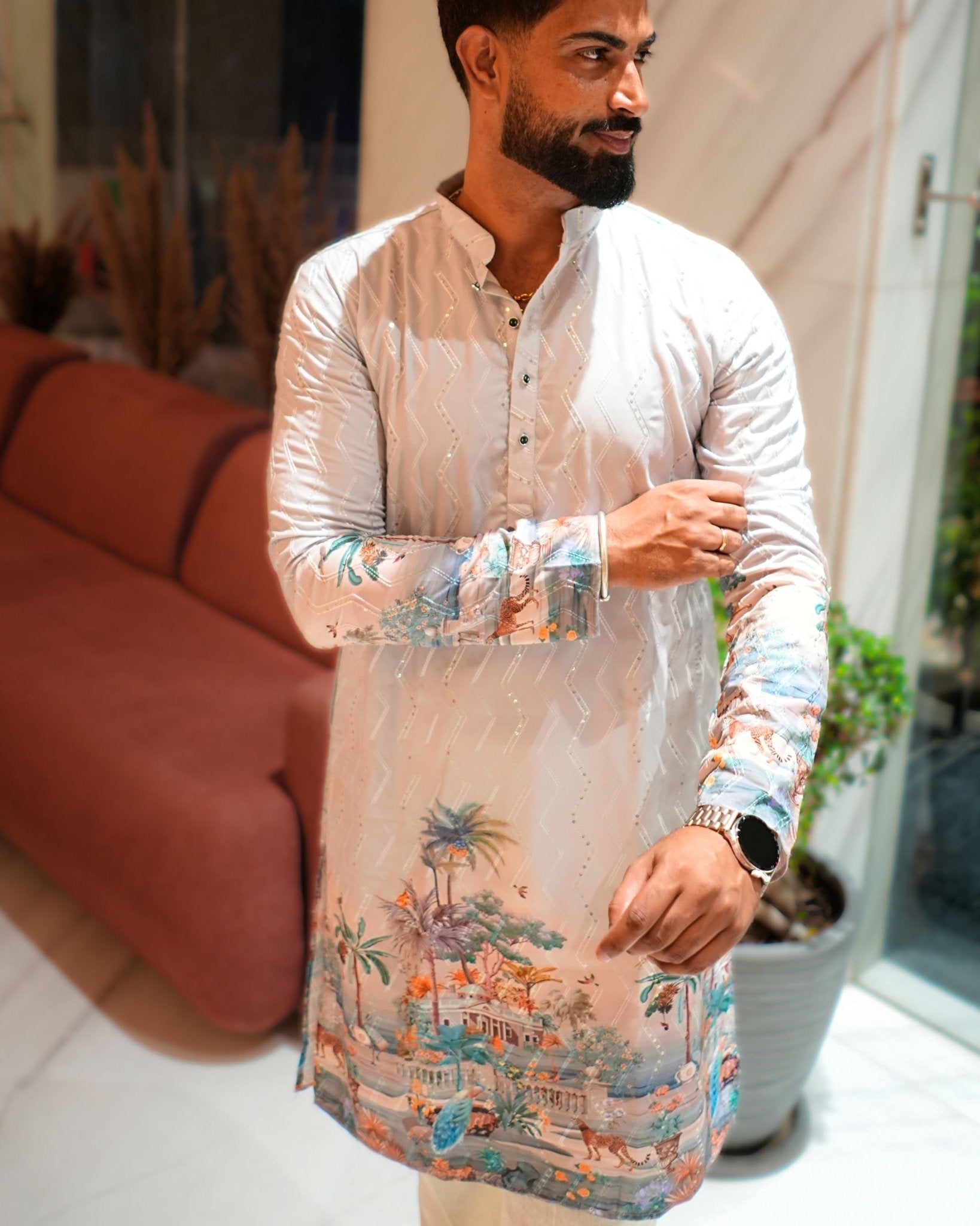 Coastal Royale – Printed Kurta for Men - Jaipuri Crown
