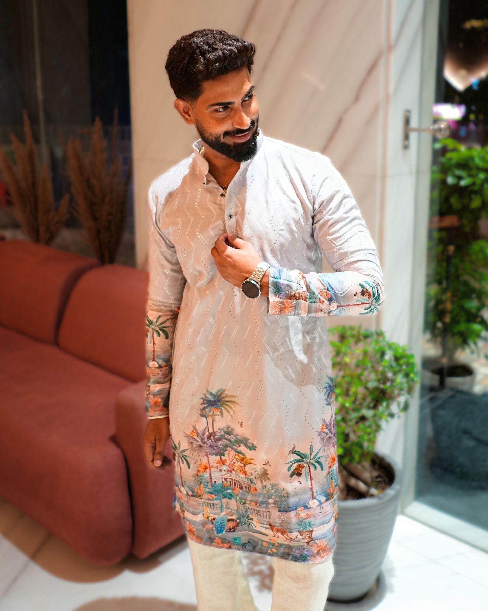 Coastal Royale – Printed Kurta for Men - Jaipuri Crown