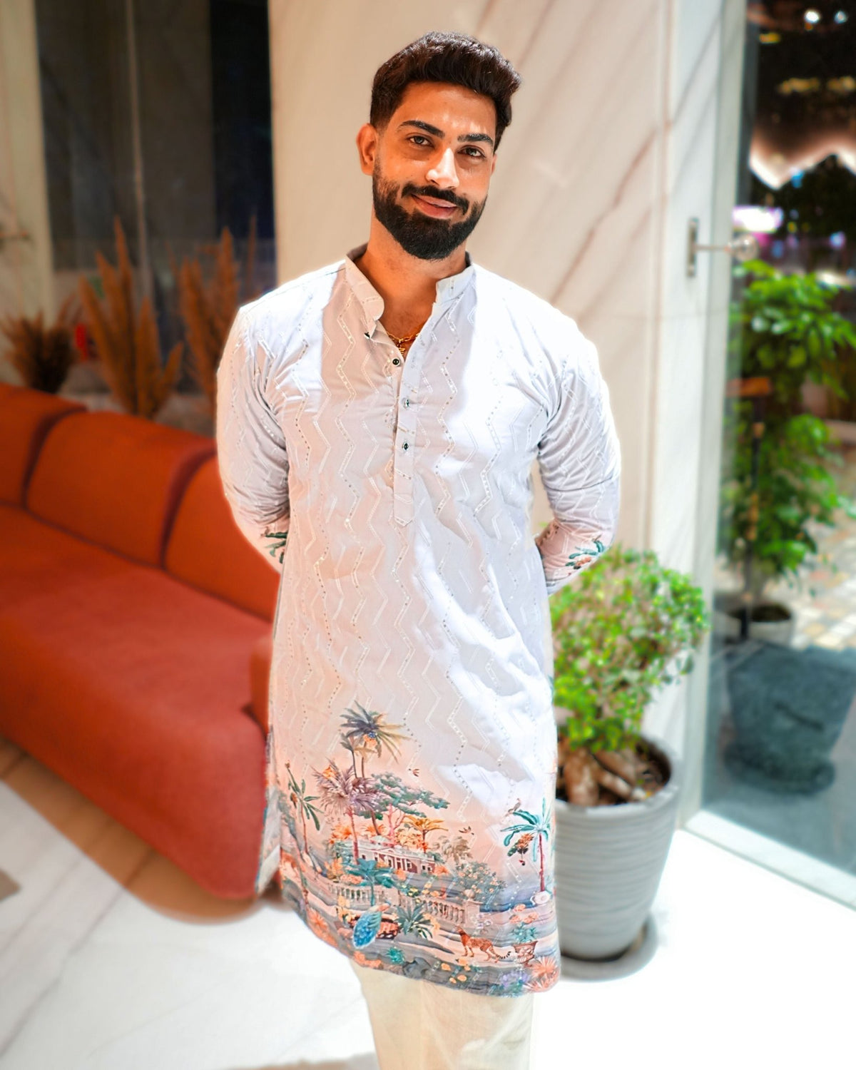 Coastal Royale – Printed Kurta for Men - Jaipuri Crown