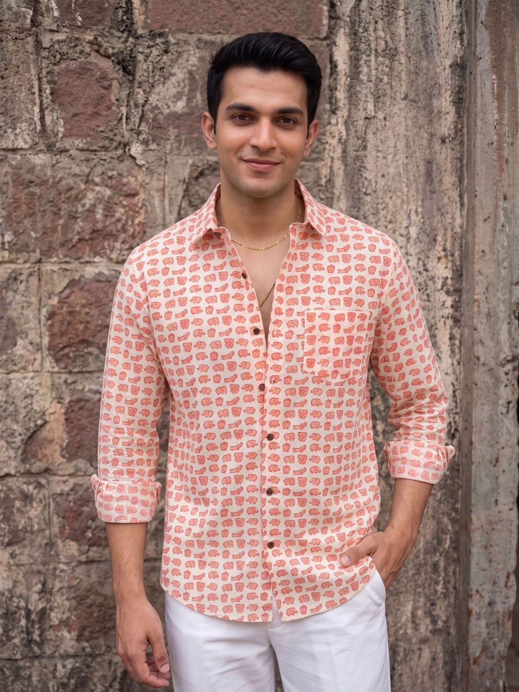 Coral Elephant Print – Cotton Full Sleeve Shirt - Jaipuri Crown