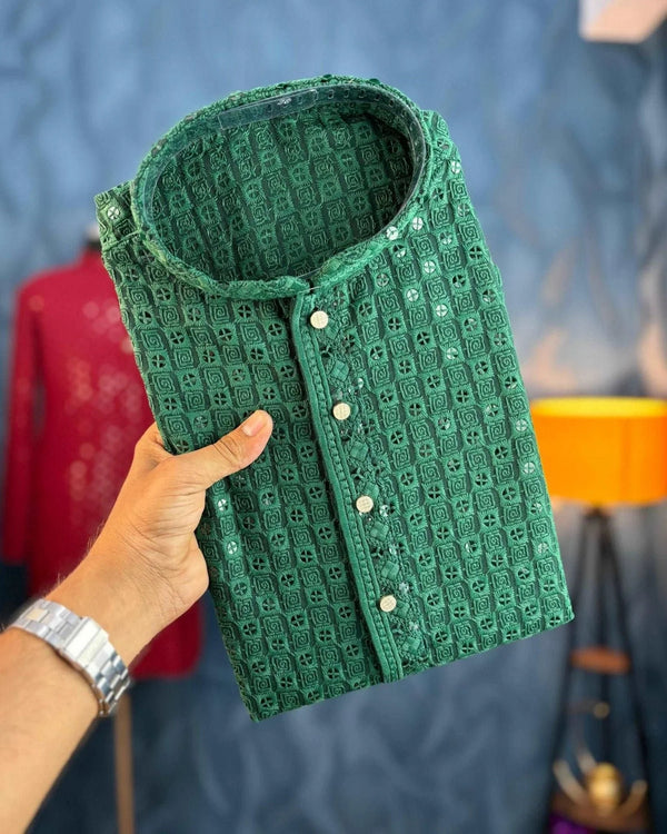Dark Green Lucknowi Kurta - Jaipuri Crown