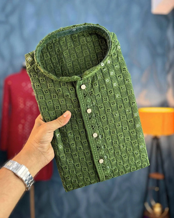 Dark Mehandi green Chikankari Sequinned Kurta - Jaipuri Crown
