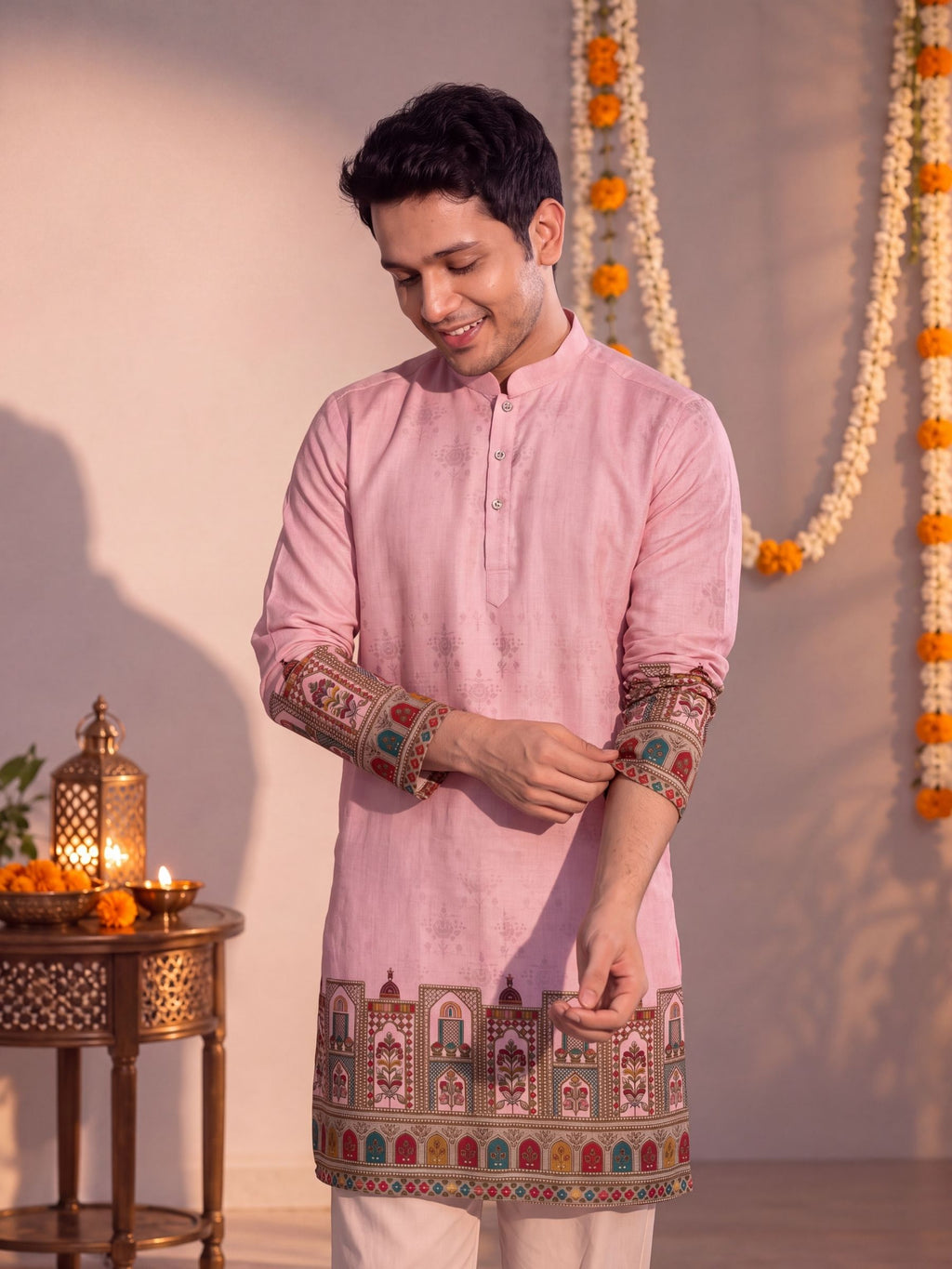 Pink Daman Work – Textured Printed Long Kurta