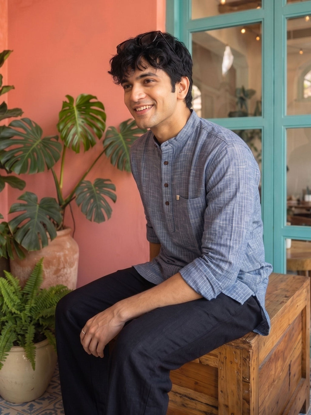 Denim Blue Textured Short Kurta - Jaipuri Crown