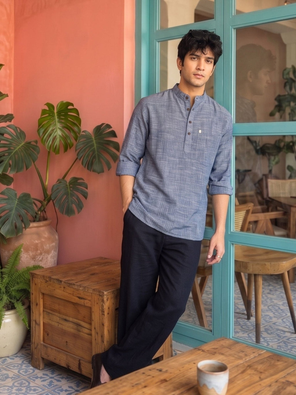 Denim Blue Textured Short Kurta - Jaipuri Crown