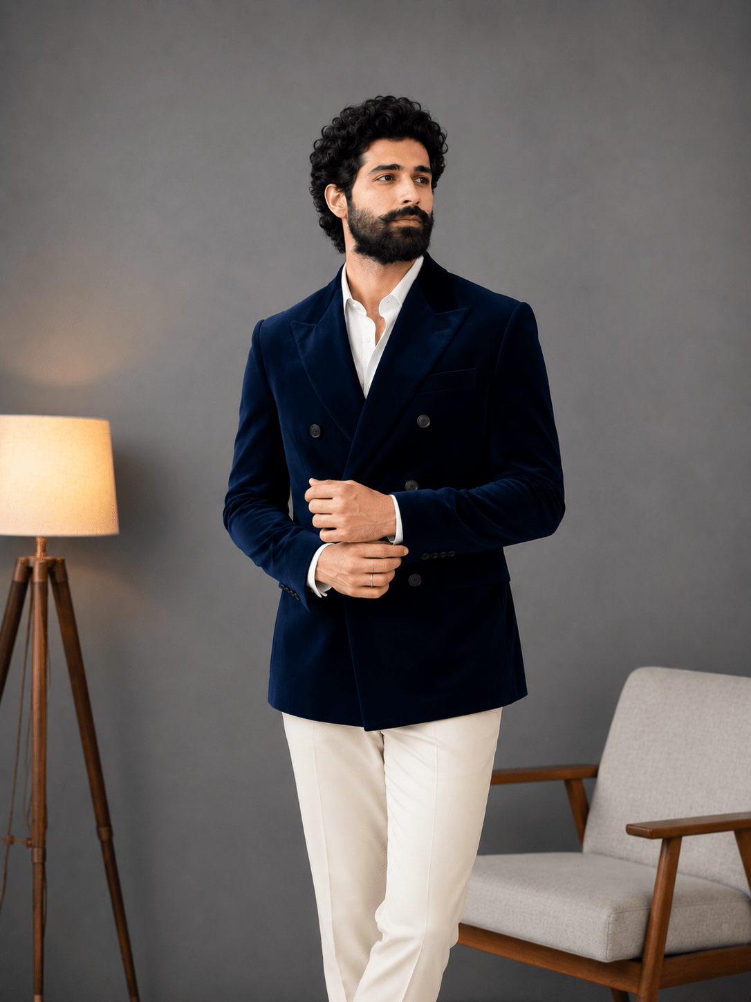Double Breasted Suit - Blue Velvet - Jaipuri Crown