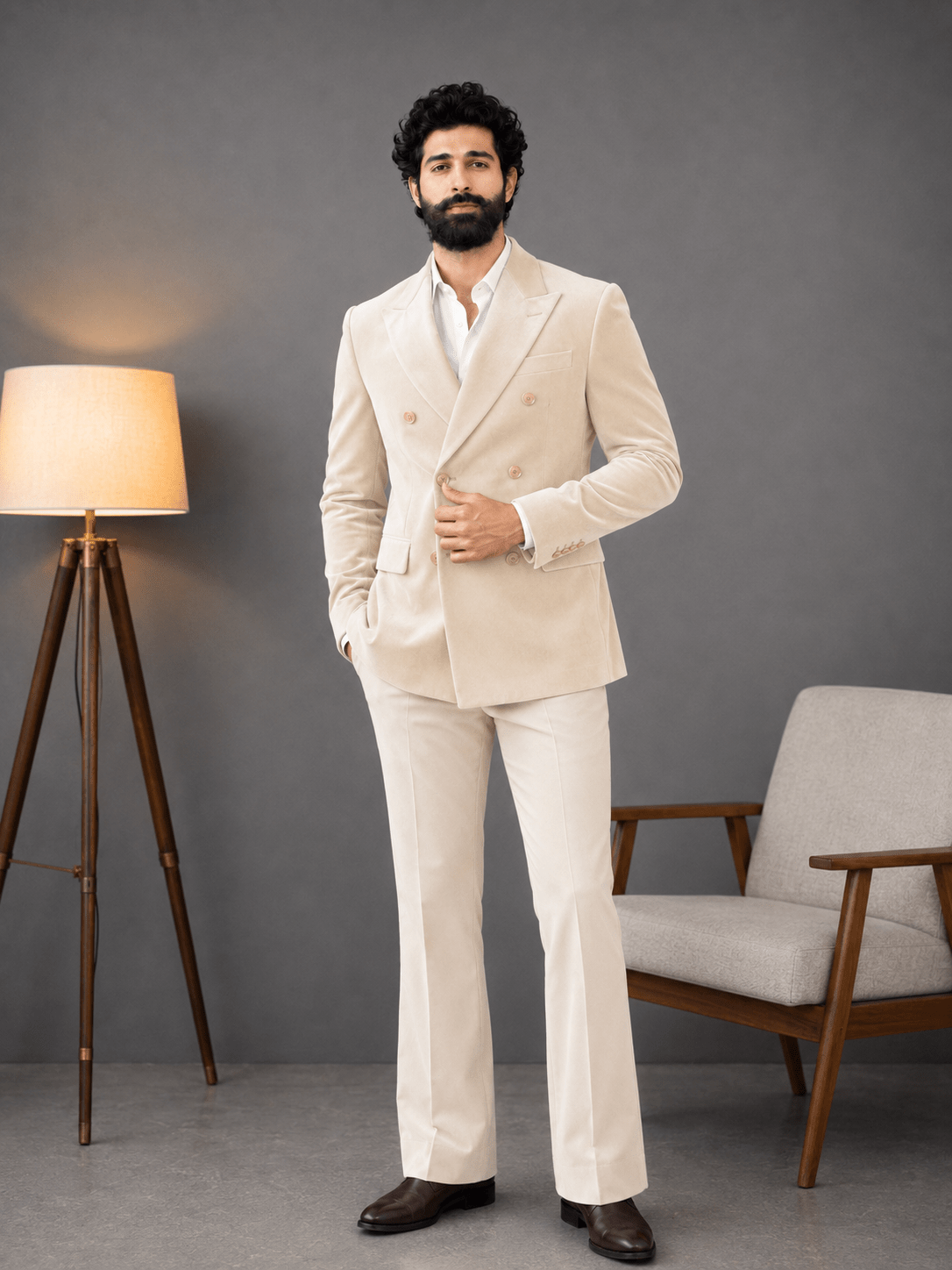 Double Breasted Suit - Cream Velvet - Jaipuri Crown