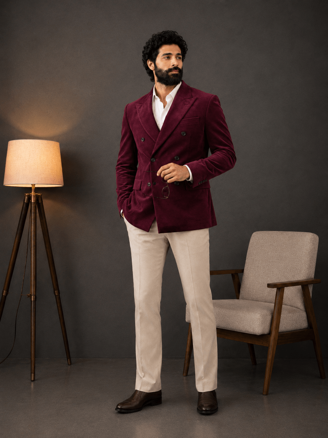 Double Breasted Suit - Maroon Velvet - Jaipuri Crown