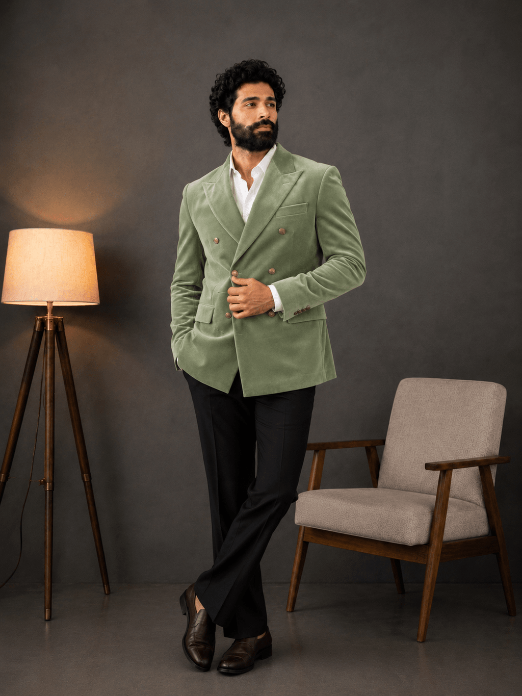 Double Breasted Suit - Sage green Velvet - Jaipuri Crown