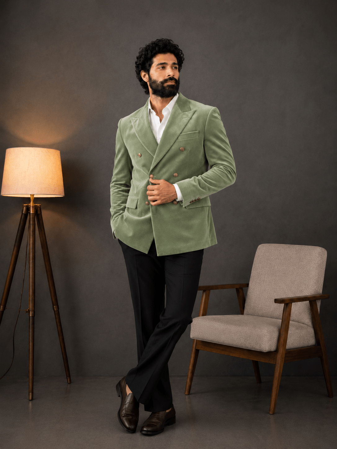 Double Breasted Suit - Sage green Velvet - Jaipuri Crown